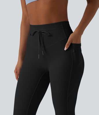 Ribbed Knit High Waisted Drawstring Tummy Control Quick Dry Workout Leggings with Pockets-UPF50+