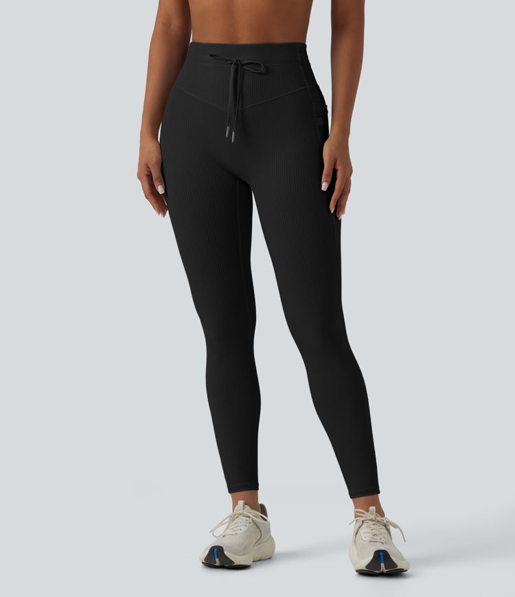Ribbed Knit High Waisted Drawstring Tummy Control Quick Dry Workout Leggings with Pockets-UPF50+
