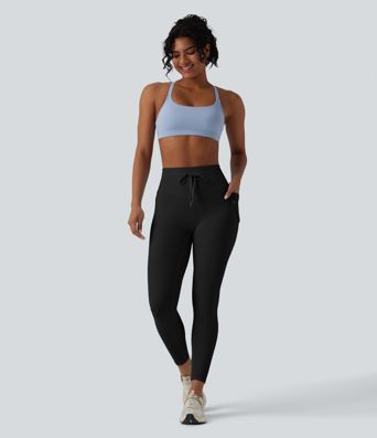 Ribbed Knit High Waisted Drawstring Tummy Control Quick Dry Workout Leggings with Pockets-UPF50+