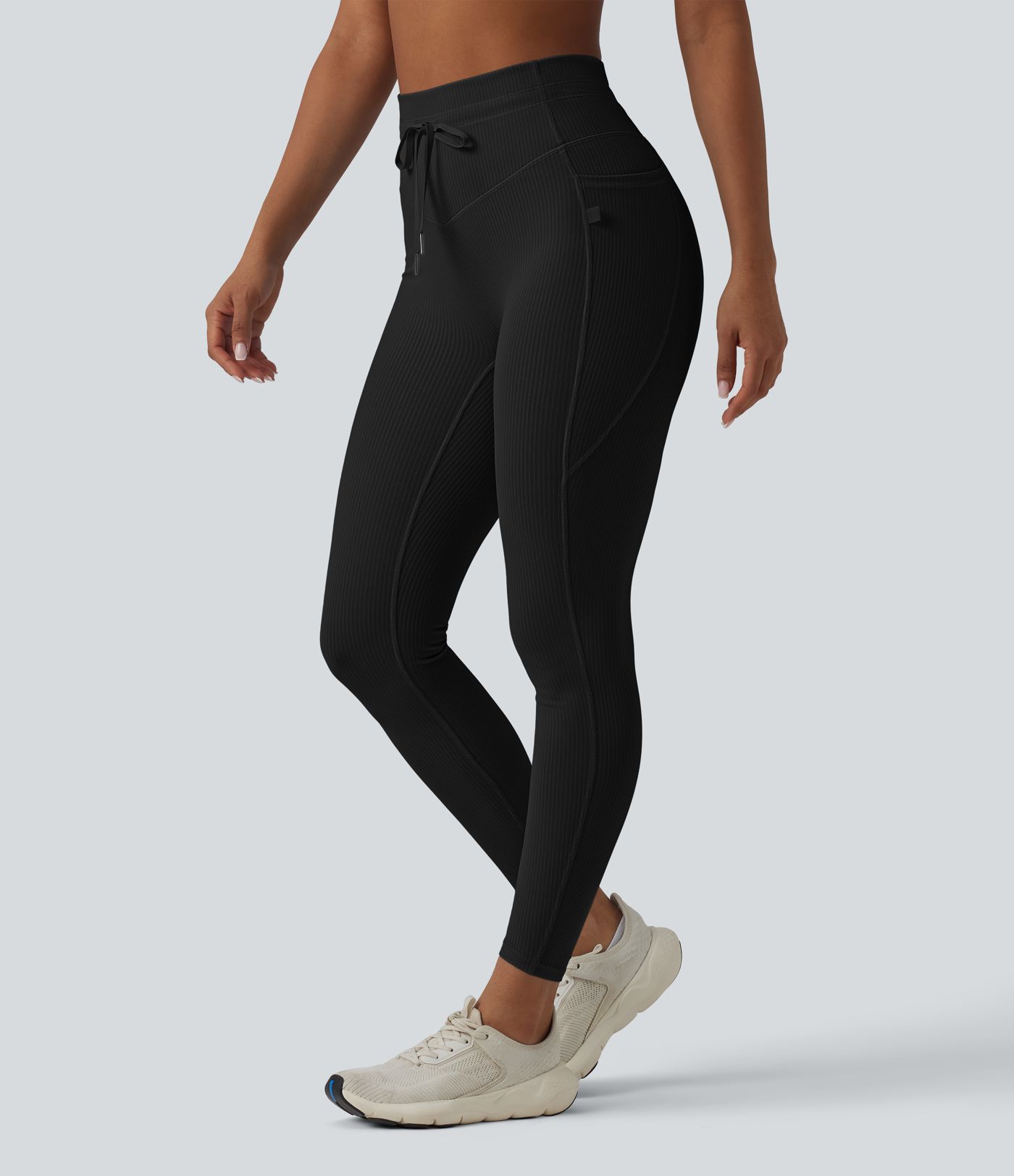 Ribbed Knit High Waisted Drawstring Tummy Control Quick Dry Workout Leggings with Pockets-UPF50+