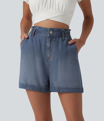 Shorts casual de denim de talle alto con bolsillos, 3''