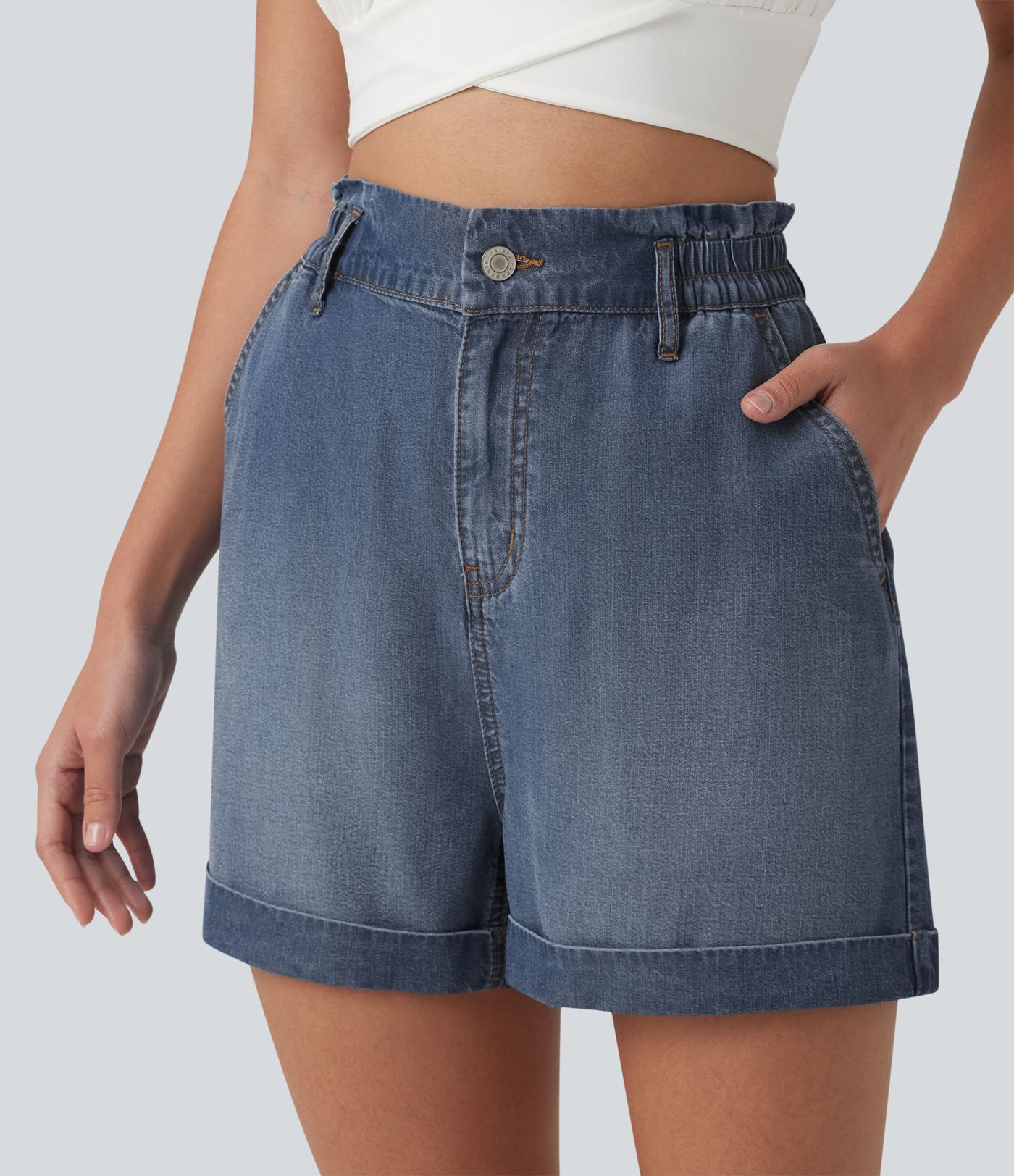 Shorts casual de denim de talle alto con bolsillos, 3''