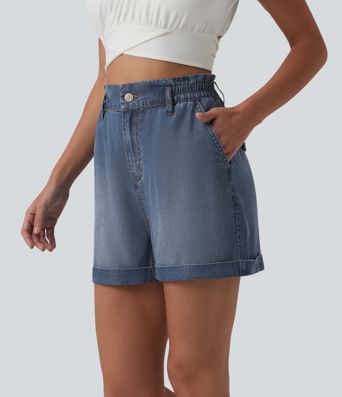 Shorts casual de denim de talle alto con bolsillos, 3''