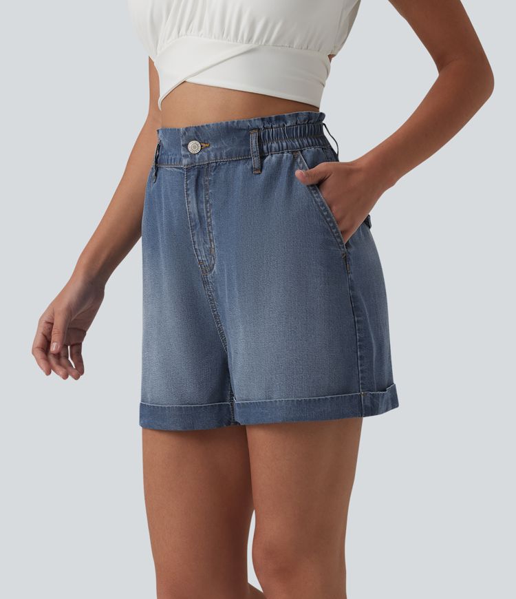 Shorts casual de denim de talle alto con bolsillos, 3''