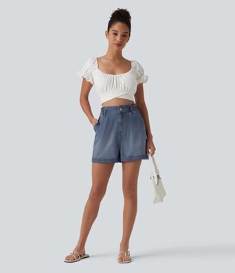 Shorts casual de denim de talle alto con bolsillos, 3''