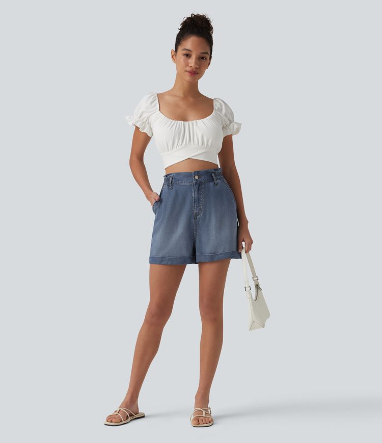 Shorts casual de denim de talle alto con bolsillos, 3''