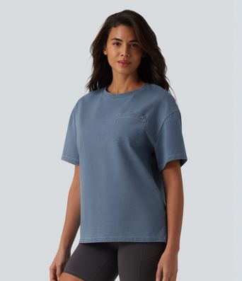 Halara Flex™ T-shirt en denim col rond manches courtes avec poche