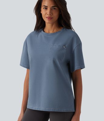 Halara Flex™ T-shirt en denim col rond manches courtes avec poche