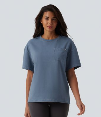 Halara Flex™ T-shirt en denim col rond manches courtes avec poche