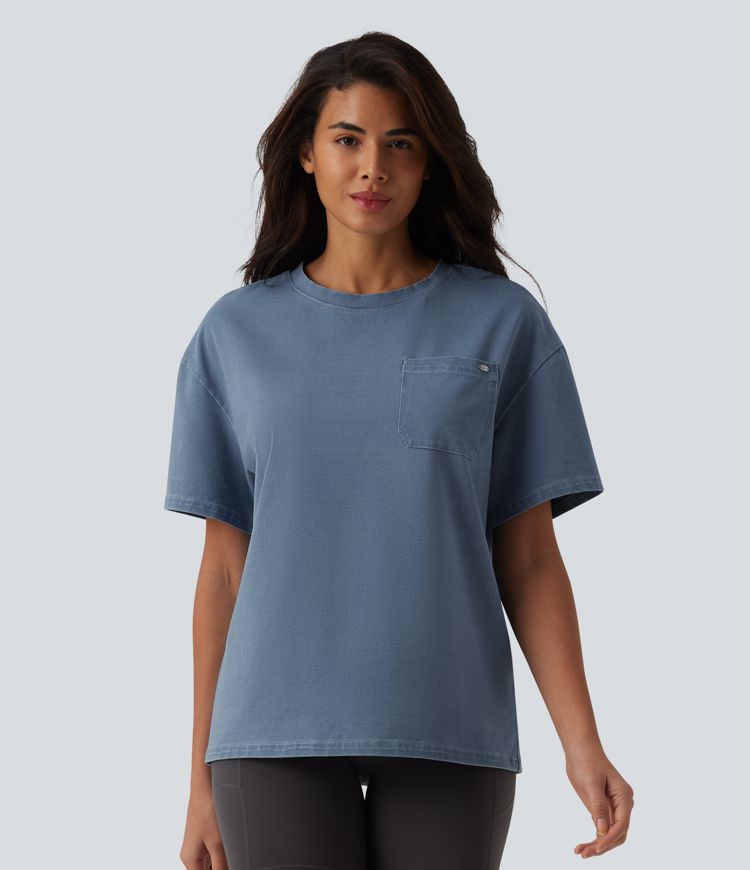 Halara Flex™ T-shirt en denim col rond manches courtes avec poche