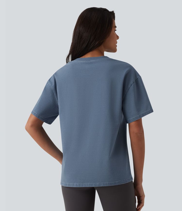 Halara Flex™ T-shirt en denim col rond manches courtes avec poche