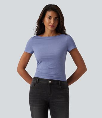 Boat Neck Short Sleeve Ruched Casual T-Shirt