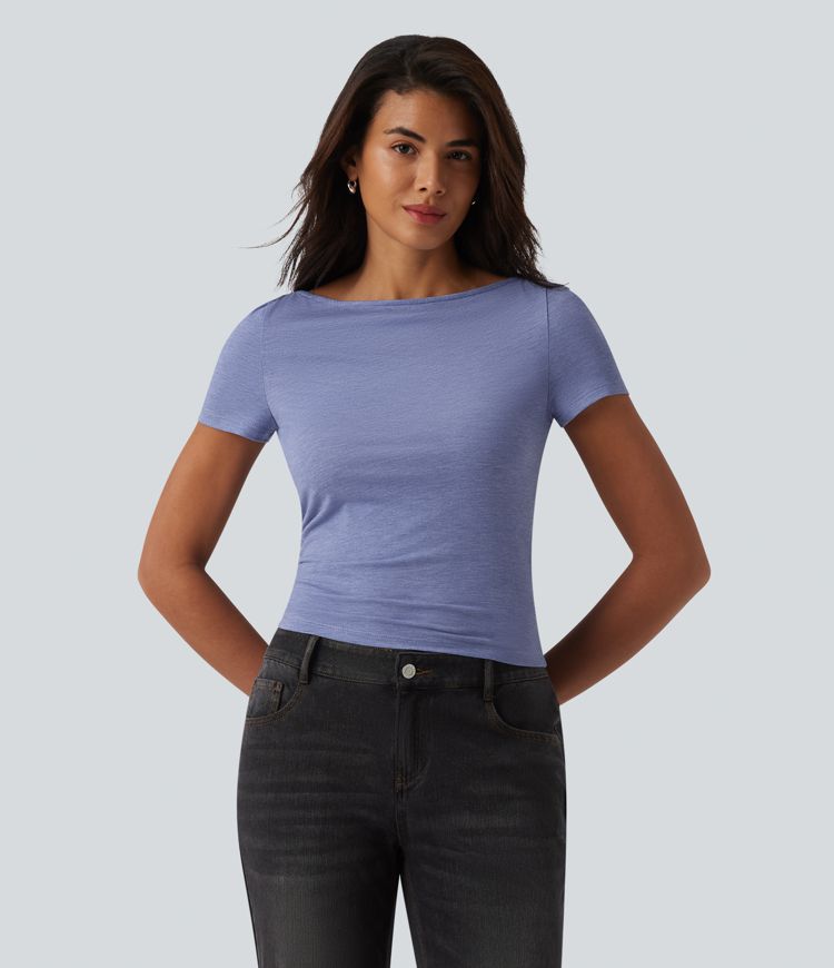 Boat Neck Short Sleeve Ruched Casual T-Shirt