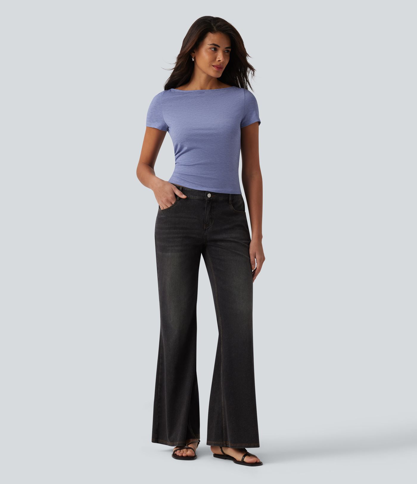 Boat Neck Short Sleeve Ruched Casual T-Shirt