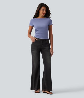 Boat Neck Short Sleeve Ruched Casual T-Shirt