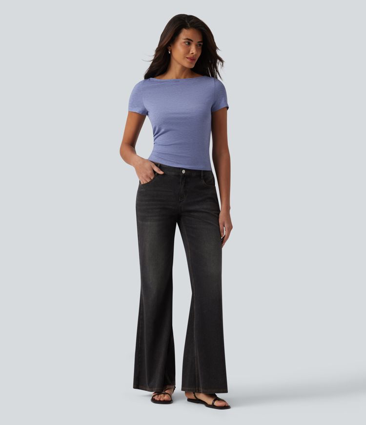 Boat Neck Short Sleeve Ruched Casual T-Shirt