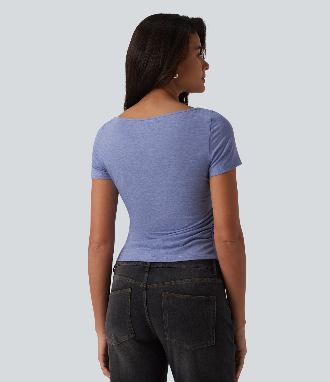 Boat Neck Short Sleeve Ruched Casual T-Shirt