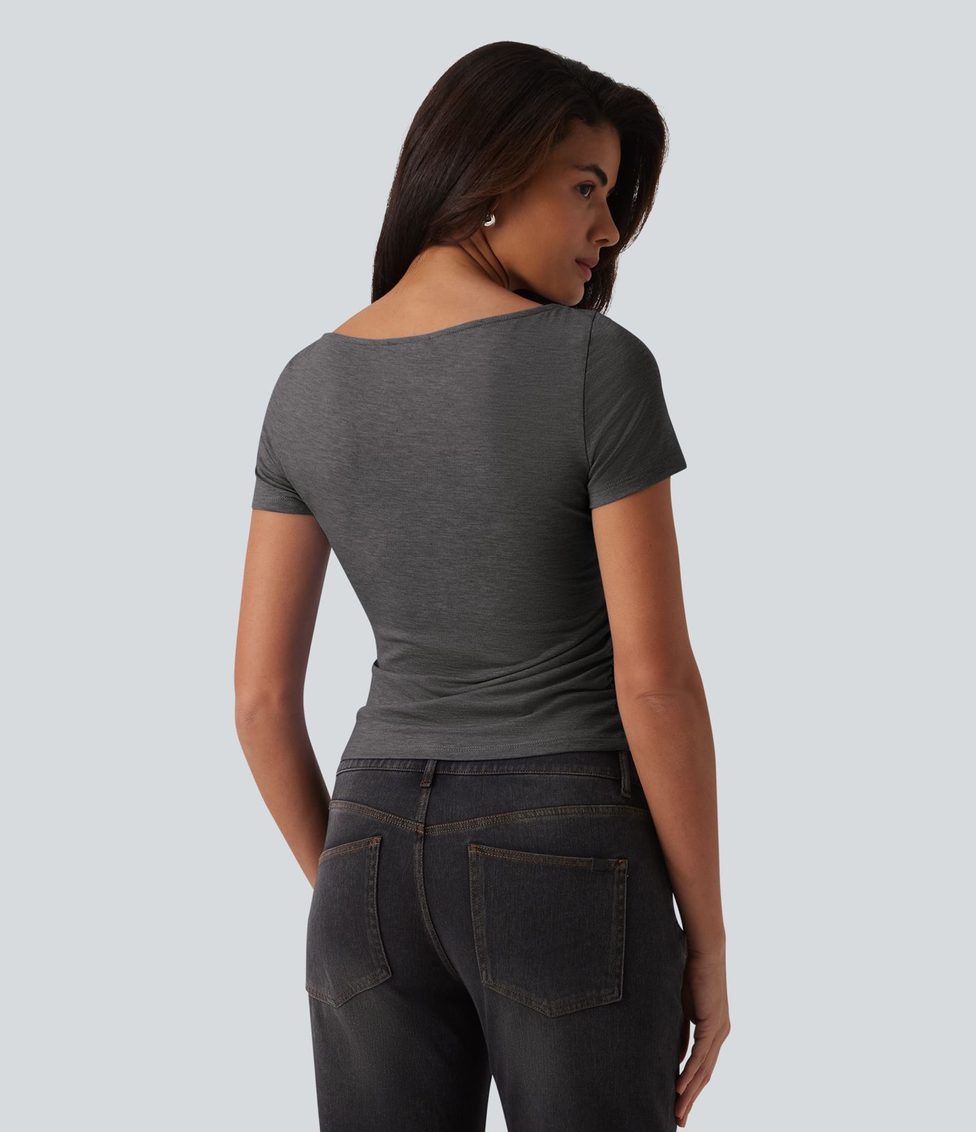 T-shirt décontracté col bateau manches courtes froncé