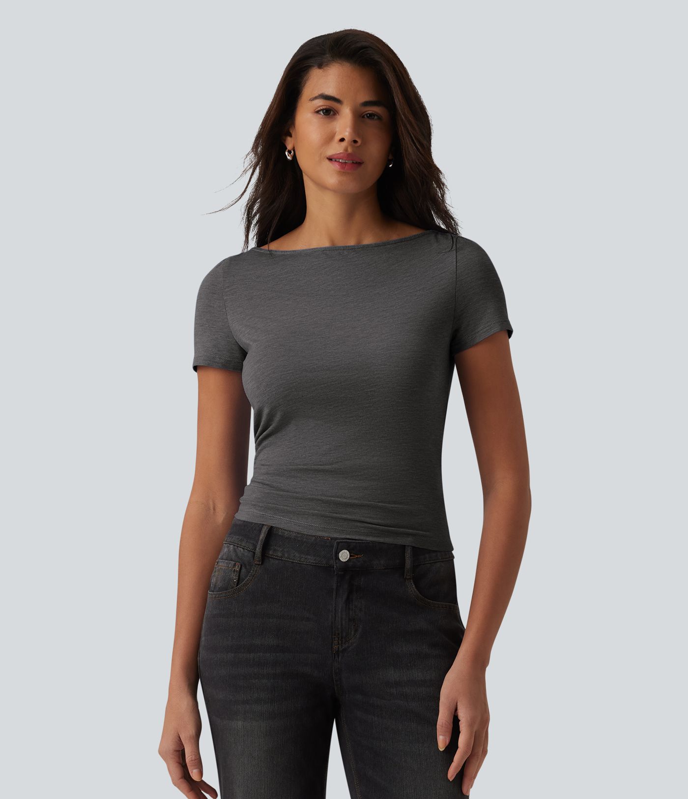 T-shirt décontracté col bateau manches courtes froncé