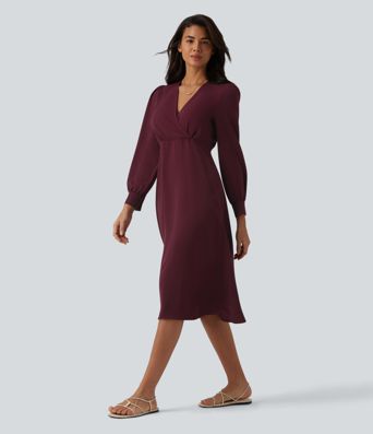 V yakalı uzun kollu midi günlük elbise