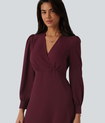 V yakalı uzun kollu midi günlük elbise