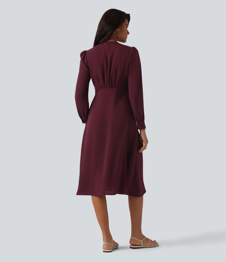 V yakalı uzun kollu midi günlük elbise