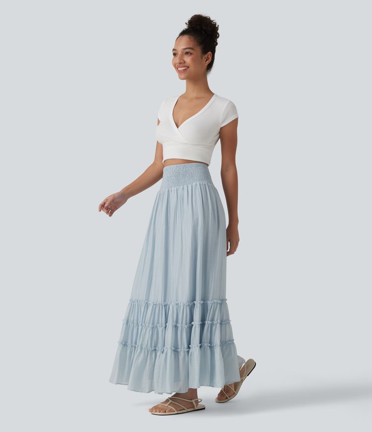 High Waisted Flowy Tiered Maxi Resort Skirt