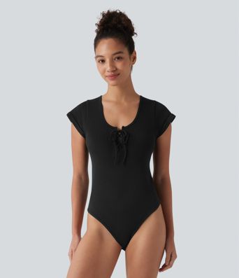 Round Neck Lace Up Short Sleeve Snap Button Casual Waffle Bodysuit