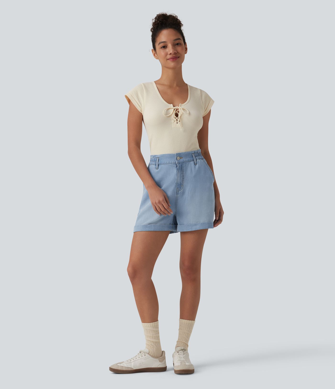 Round Neck Lace Up Short Sleeve Snap Button Casual Waffle Bodysuit