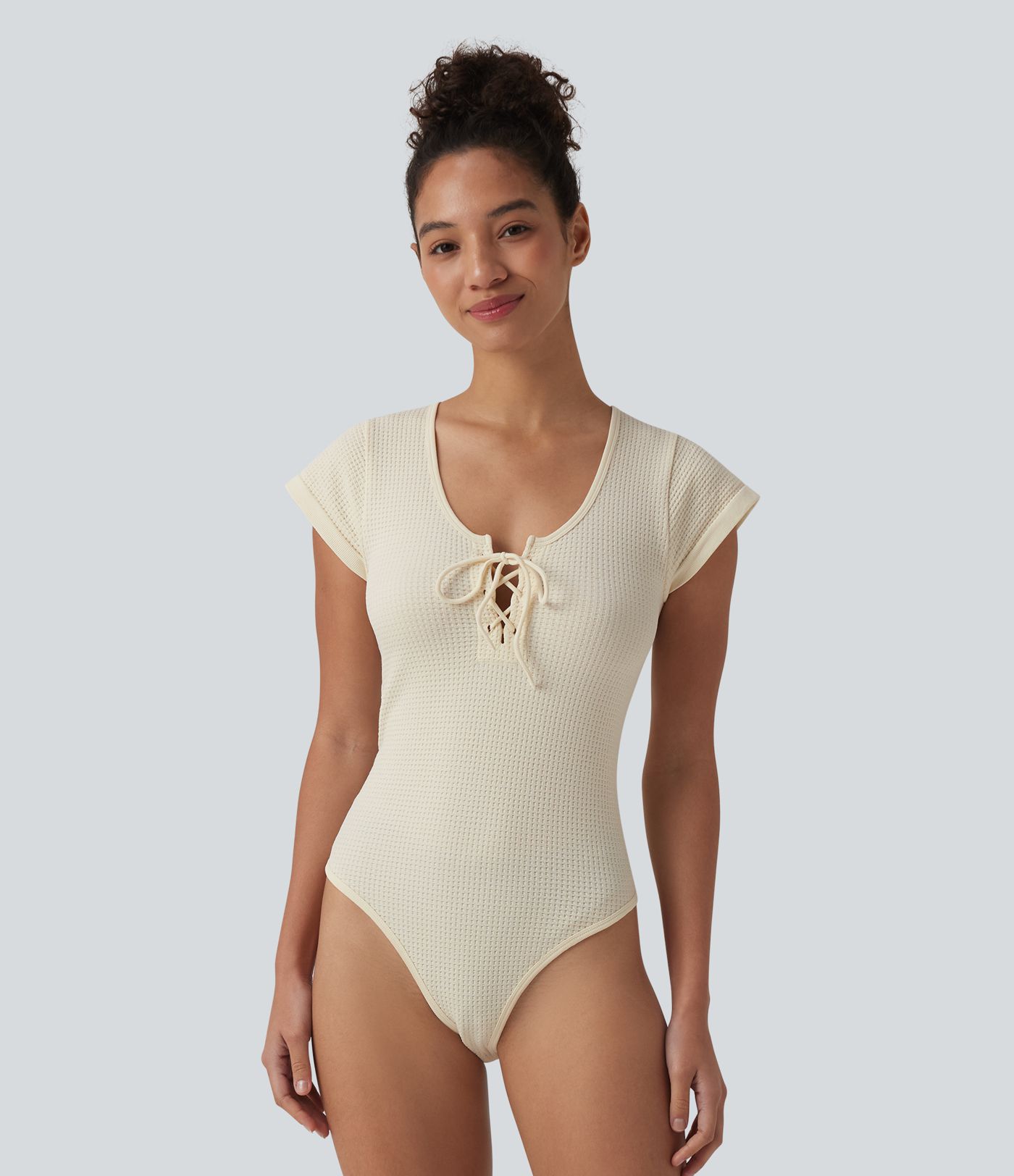 Round Neck Lace Up Short Sleeve Snap Button Casual Waffle Bodysuit