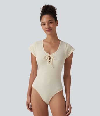 Round Neck Lace Up Short Sleeve Snap Button Casual Waffle Bodysuit