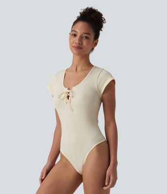 Round Neck Lace Up Short Sleeve Snap Button Casual Waffle Bodysuit