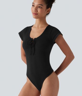 Round Neck Lace Up Short Sleeve Snap Button Casual Waffle Bodysuit