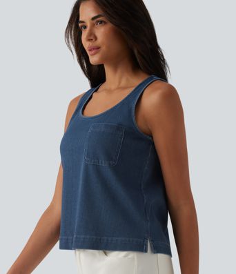 Halara Flex™ U Neck Denim Casual Tank Top with Pocket