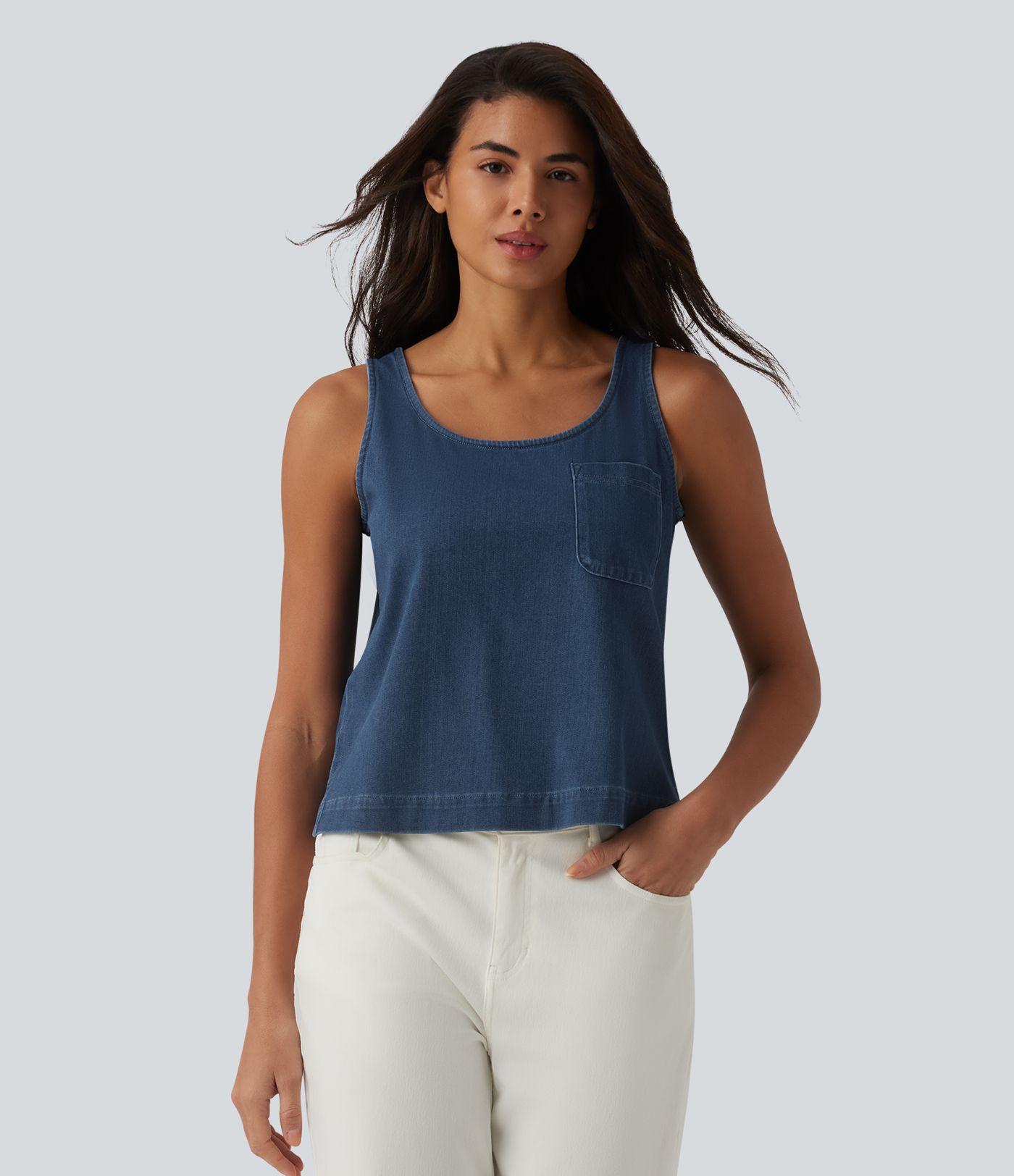 Halara Flex™ U Neck Denim Casual Tank Top with Pocket