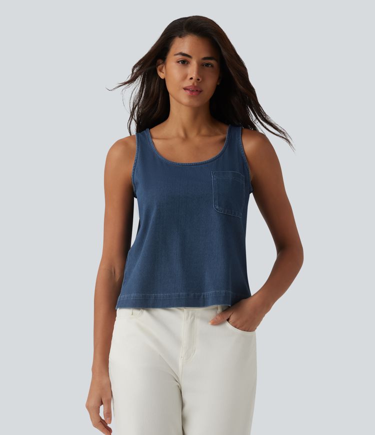 Halara Flex™ U Neck Denim Casual Tank Top with Pocket