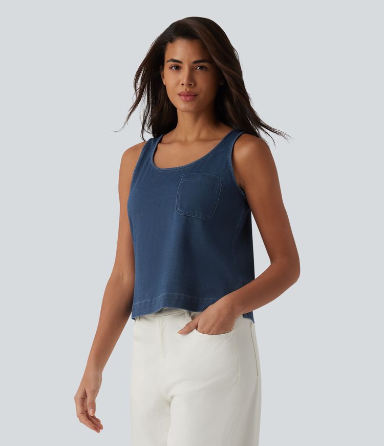 Halara Flex™ U Neck Denim Casual Tank Top with Pocket