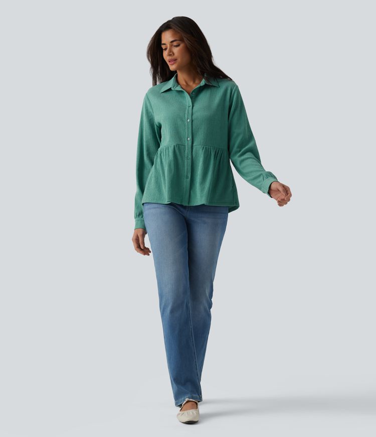 Collar Long Sleeve Ruffle Hem Crinkle Relaxed Casual Peplum Shirt with Pockets