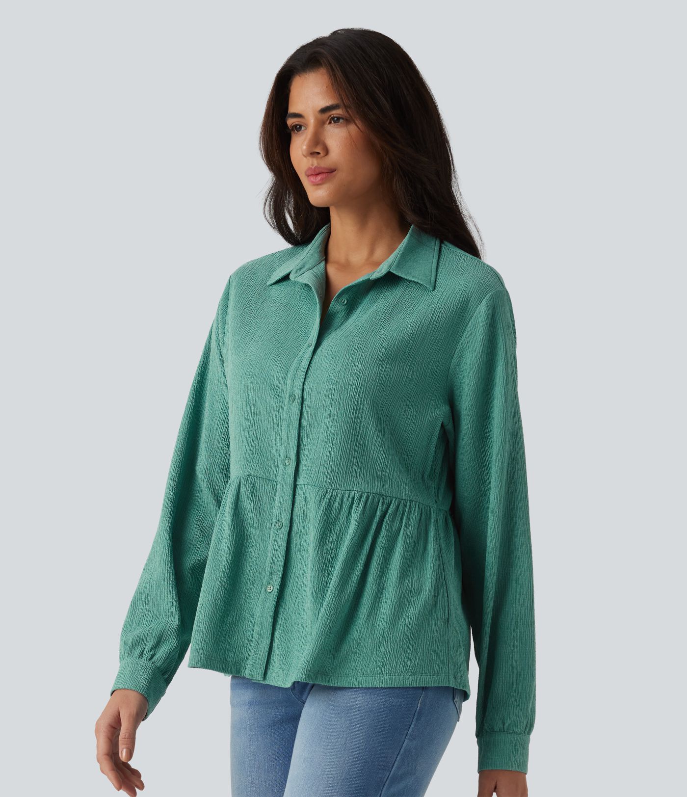 Collar Long Sleeve Ruffle Hem Crinkle Relaxed Casual Peplum Shirt with Pockets