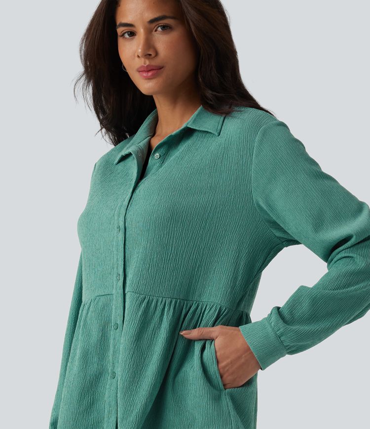 Collar Long Sleeve Ruffle Hem Crinkle Relaxed Casual Peplum Shirt with Pockets