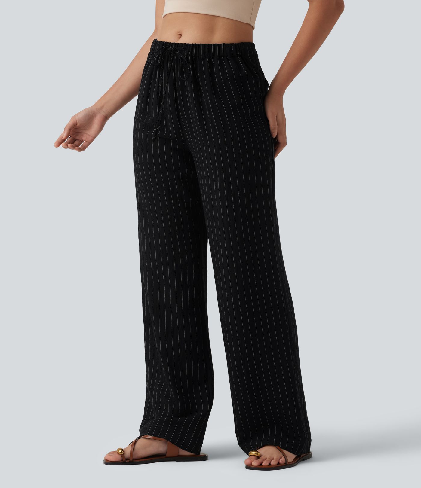 Pantalon large fluide décontracté en lin mélangé à rayures taille mi-haute avec cordon de serrage et poches