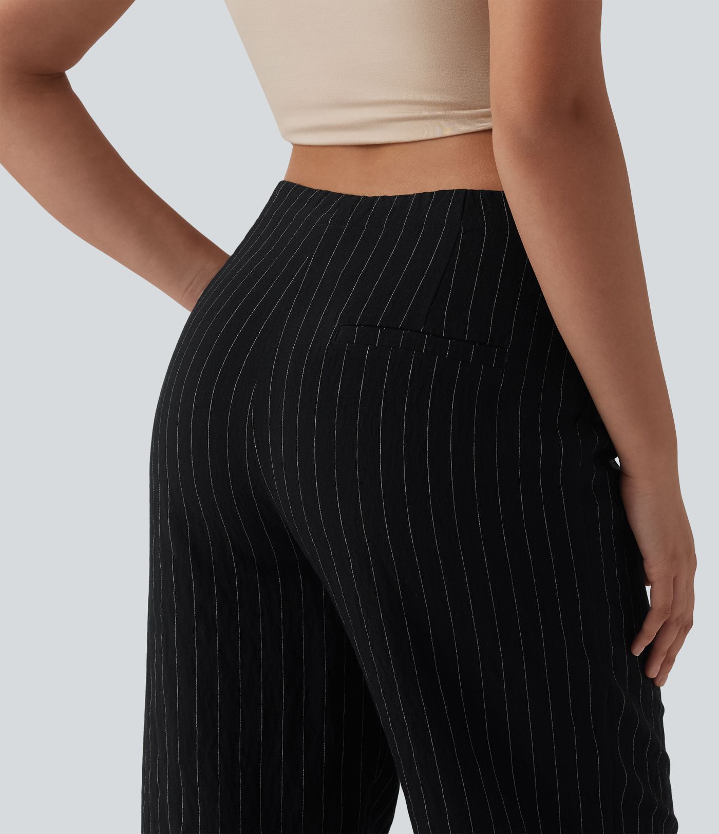 Pantalon large fluide décontracté en lin mélangé à rayures taille mi-haute avec cordon de serrage et poches