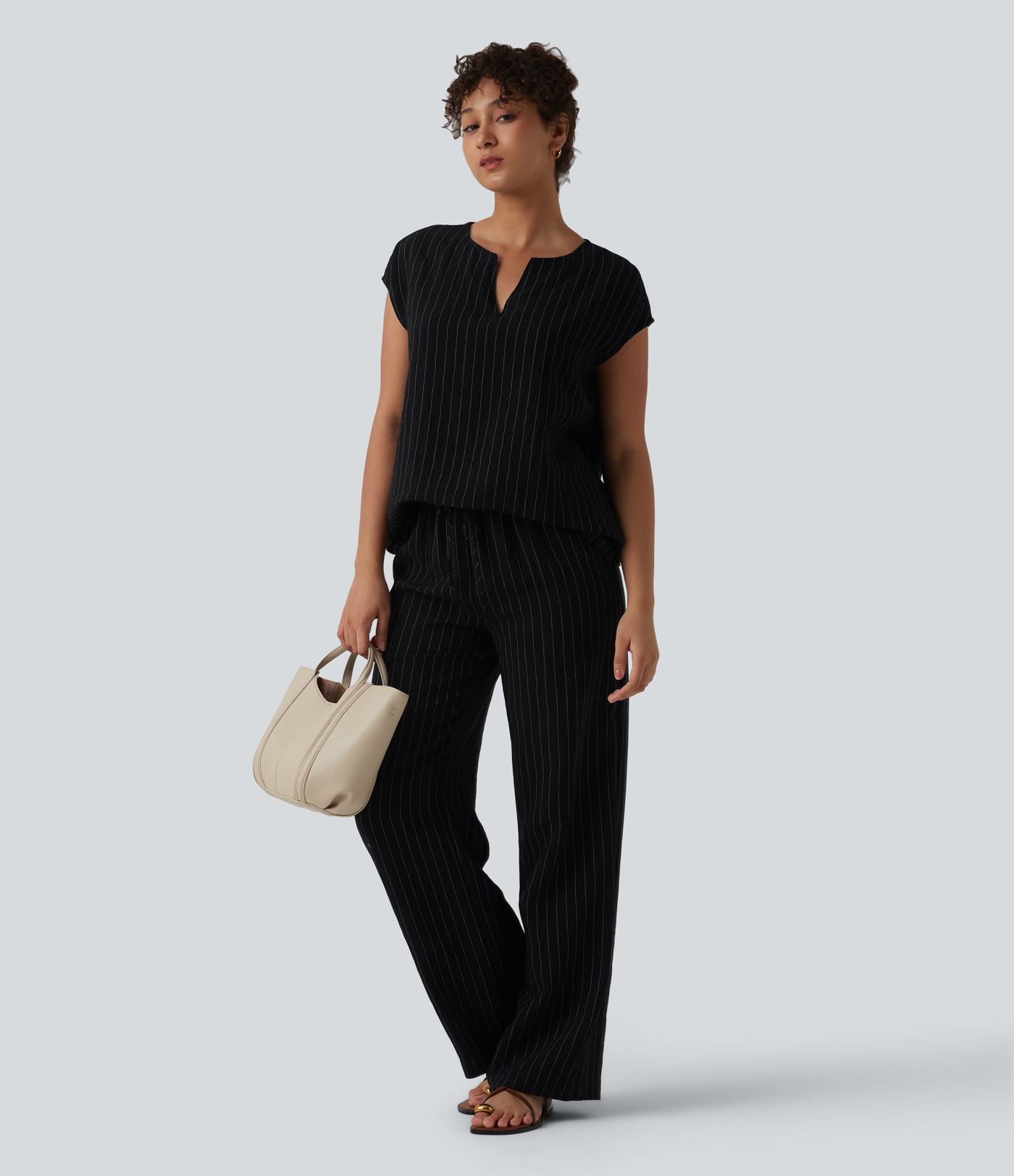 Pantalon large fluide décontracté en lin mélangé à rayures taille mi-haute avec cordon de serrage et poches