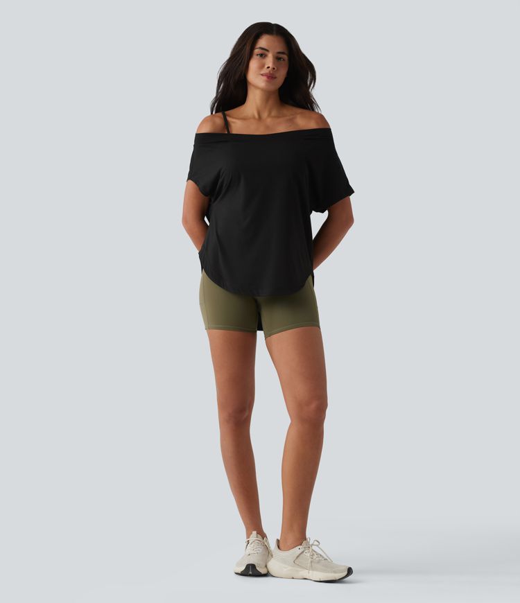 One Shoulder Short Sleeve Curved Hem High Low Built-in Bra Quick Dry Yoga Sports Top