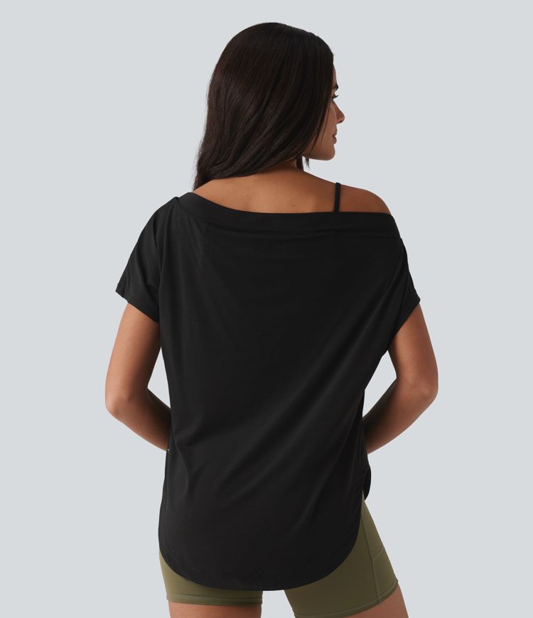One Shoulder Short Sleeve Curved Hem High Low Built-in Bra Quick Dry Yoga Sports Top