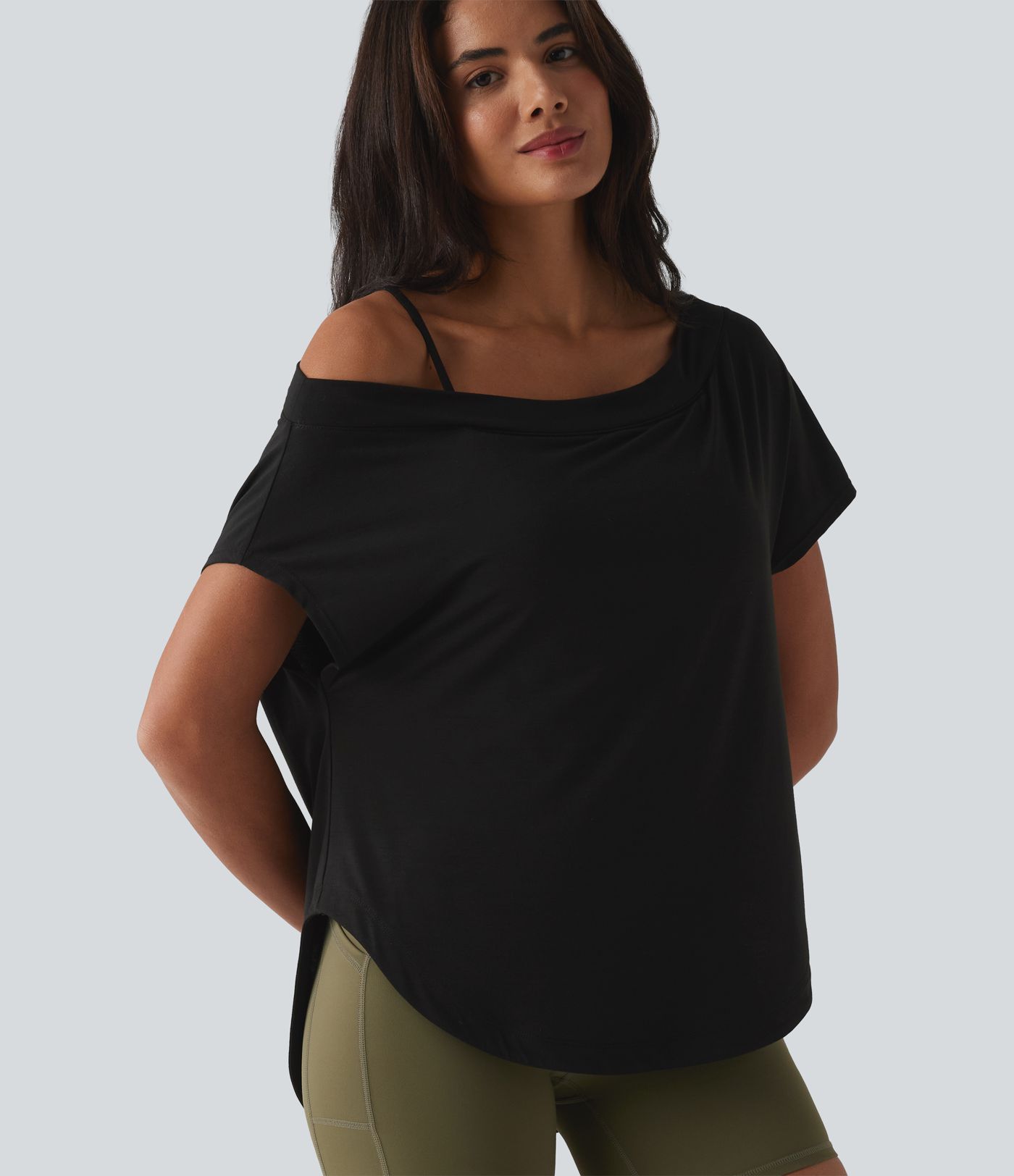 One Shoulder Short Sleeve Curved Hem High Low Built-in Bra Quick Dry Yoga Sports Top