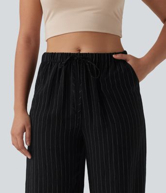 Pantalon large fluide décontracté en lin mélangé à rayures taille mi-haute avec cordon de serrage et poches