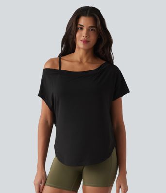 One Shoulder Short Sleeve Curved Hem High Low Built-in Bra Quick Dry Yoga Sports Top