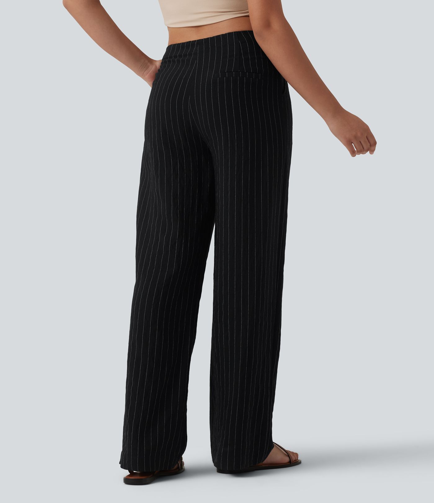 Pantalon large fluide décontracté en lin mélangé à rayures taille mi-haute avec cordon de serrage et poches