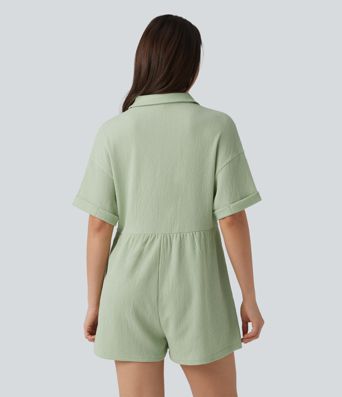 Dropped Shoulder Short Sleeve Romper with Pockets